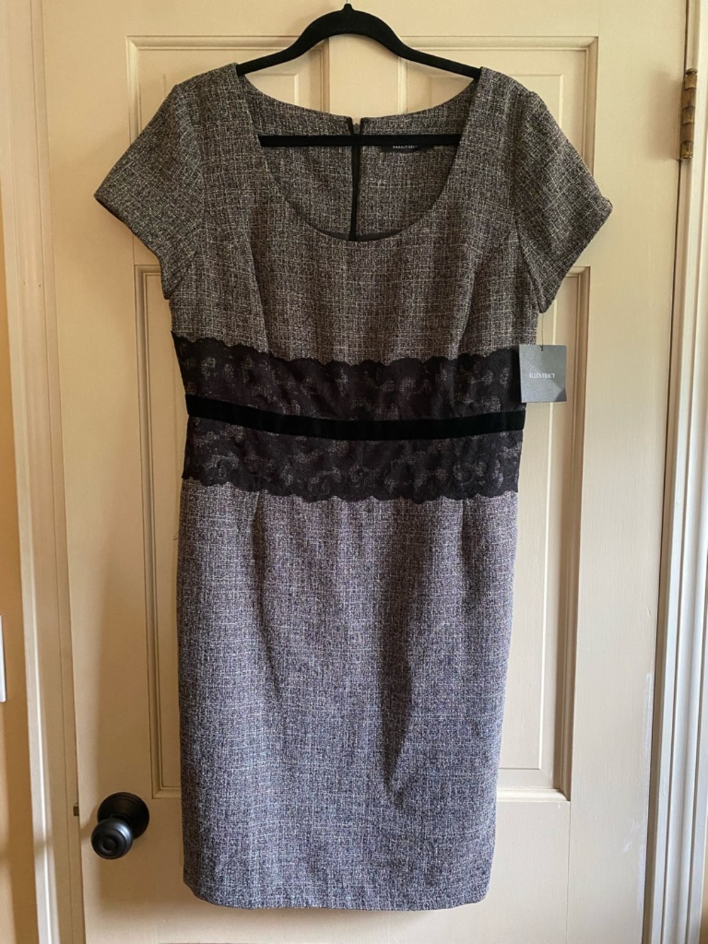Ellen Tracy Cap-Sleeve Grey Tweed Lace-Trim Sheath Dress